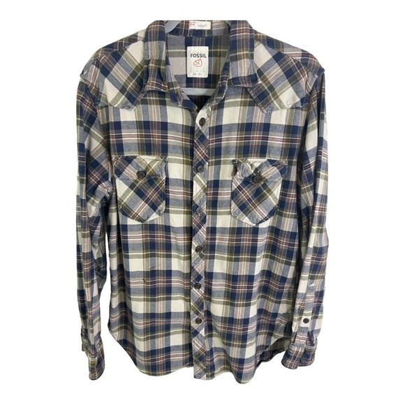 Fossil Shirt Mens Size Large Brown White Plaid Button Down Cotton A427 - Picture 1 of 6